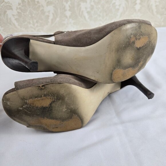 MICHAEL Michael Kors Size 8M Taupe Suede Leather Stiletto Peep Toe Booties Chain - Picture 11 of 16